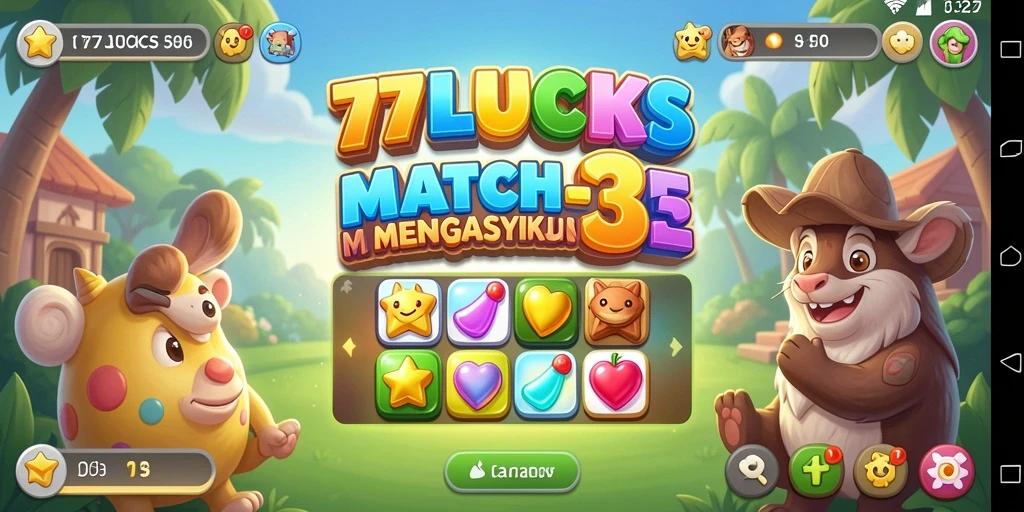 Gambaran gameplay seru dari 77LUCKS dengan berbagai tantangan Match-3.