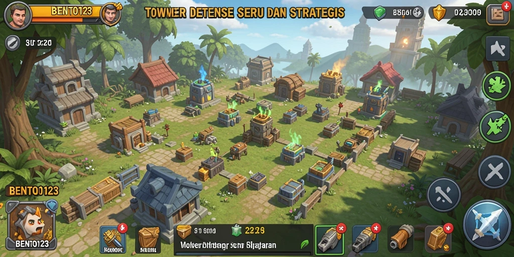Tampilan gameplay seru BENTO123 dalam pertahanan menara.
