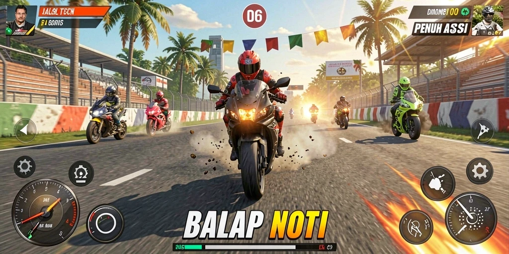 Tampilan gameplay D06, balap motor yang seru dan menantang.