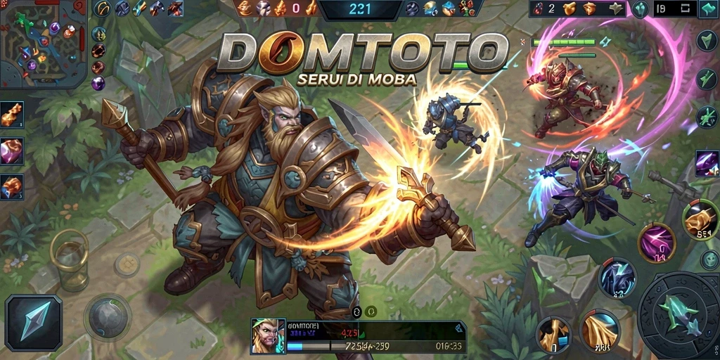 Screenshot gameplay epik dari DOMTOTO menampilkan aksi seru dalam pertempuran MOBA.