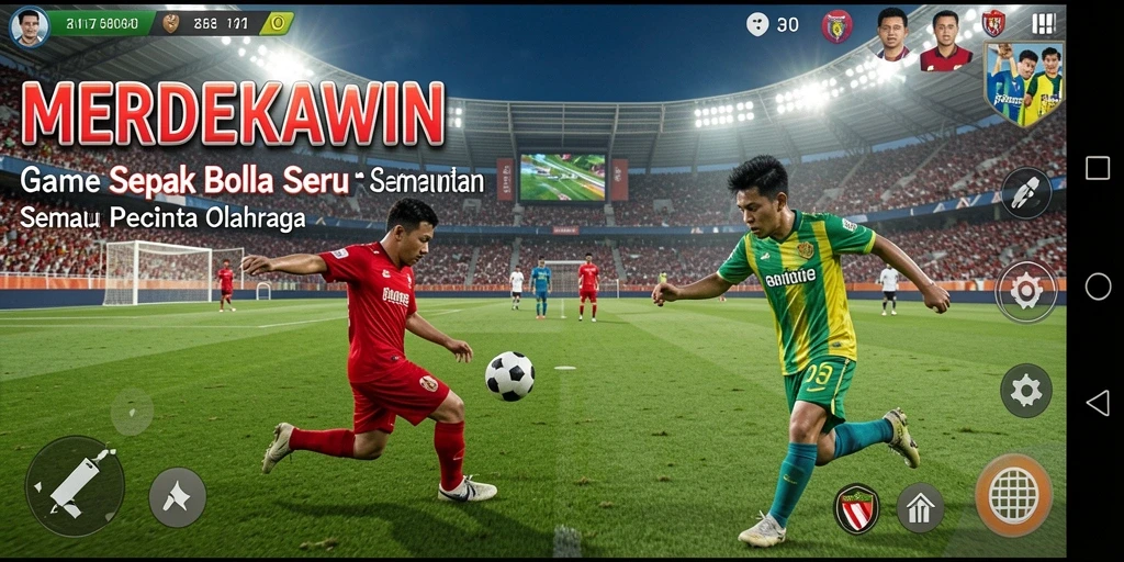 Screenshot gameplay MERDEKAWIN menampilkan aksi bertanding sepak bola yang seru.