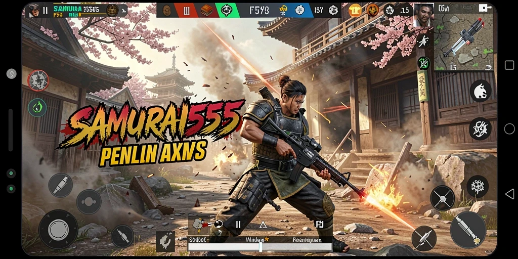Tampilan gameplay intense dalam SAMURAI555 menunjukkan aksi tempur yang mendebarkan.